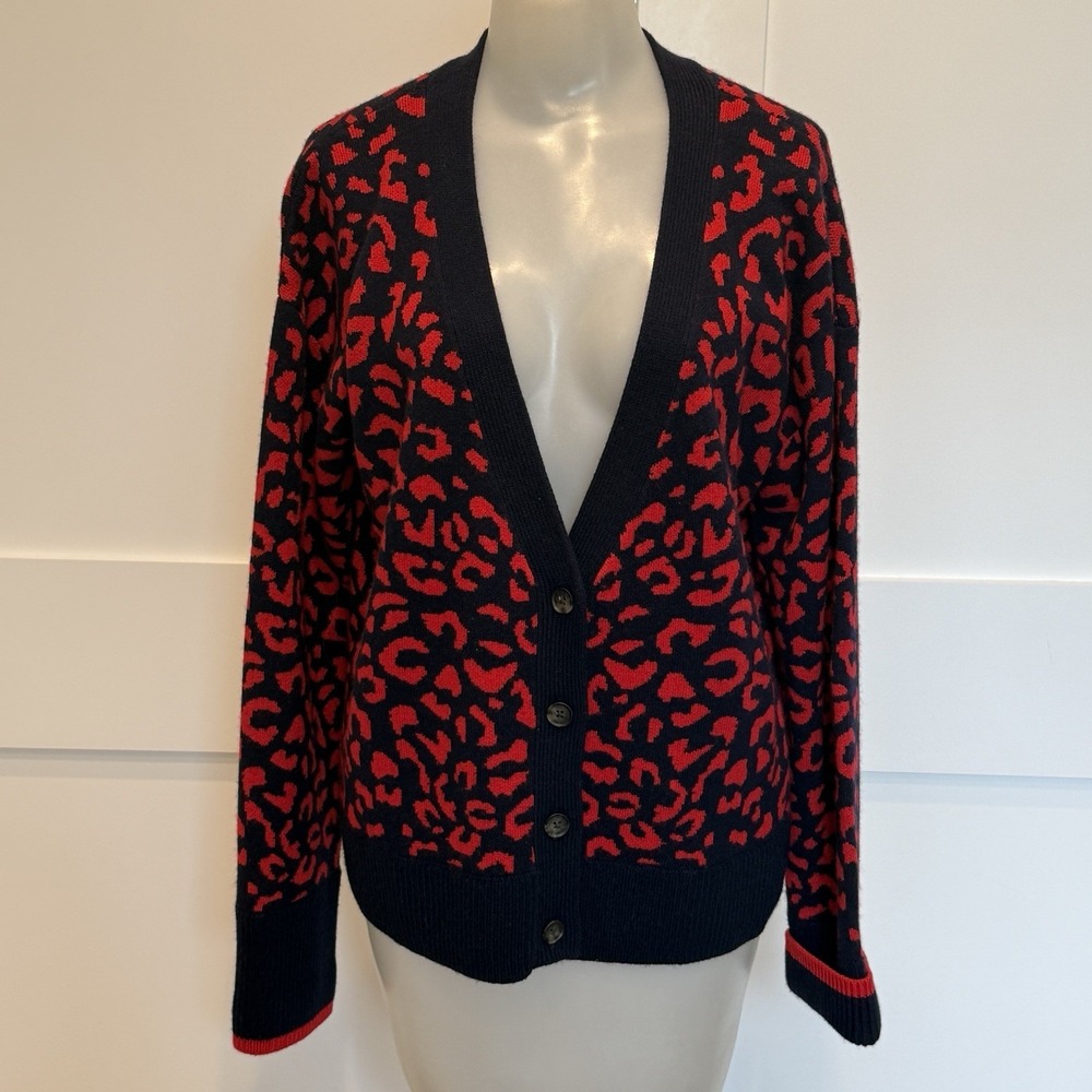 Vineyard Vines Falling For Leopard Navy/Red Cardigan Merino Blend